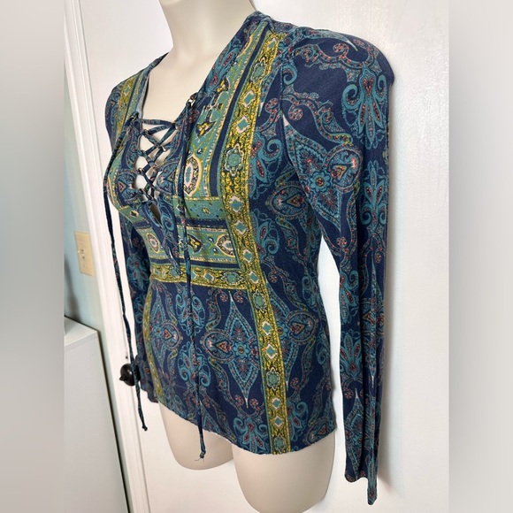 Free People Aloha Lace Up Long Sleeve Stretch Paisley Print Pattern Shirt #1588 - Picture 3 of 9